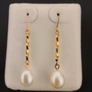 ~8mm Genuine Pair of Pearl Dangle Drop Earrings - Silver Beige Color